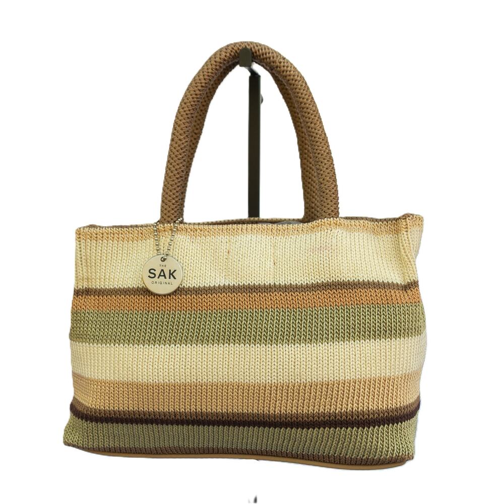 Vintage Y2K Crochet Purse THE SAK Handbag Brown Tan Green Striped Tote